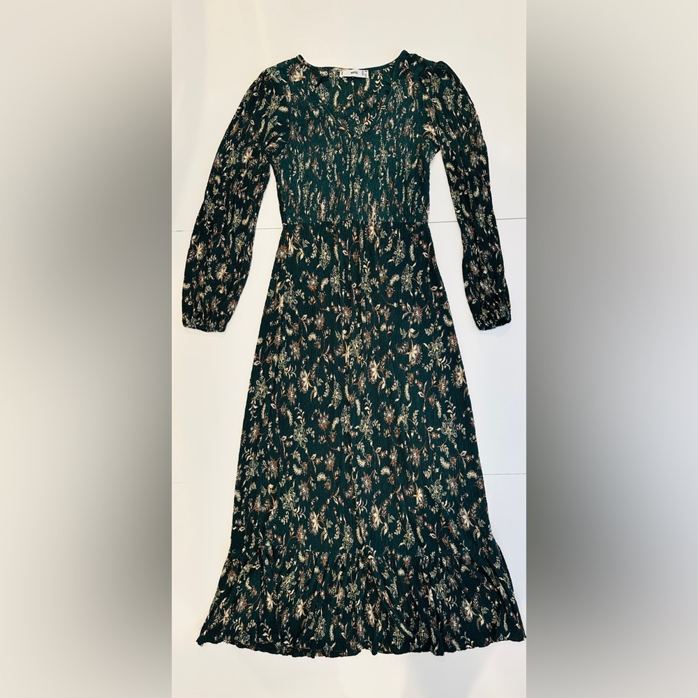 Mango Dark Green Floral Long Sleeve Dress